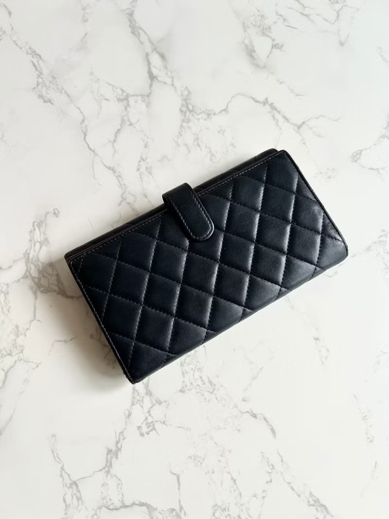 Chanel Black and Silver Lambskin Matelassé Long Wallet