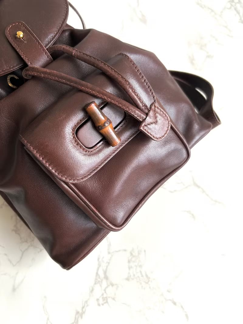 GUCCI中古二手竹節咖啡色皮革後背包/背囊/雙肩包