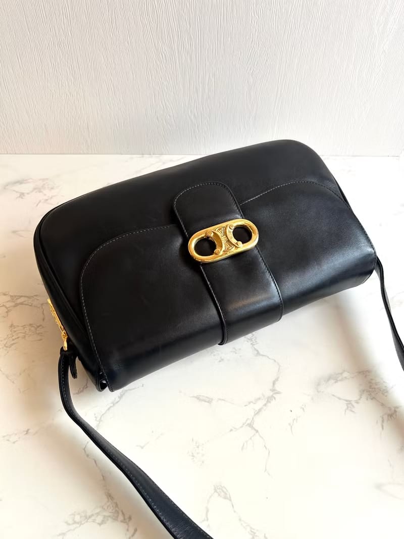 Celine Black and Gold Triomphe Saddle Bag/Shoulder Bag/Crossbody Bag