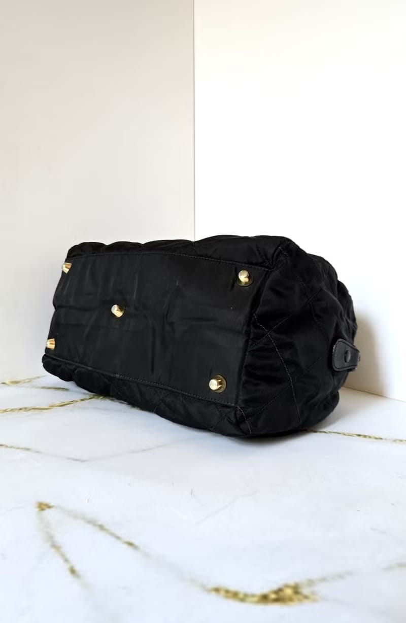 Prada黑金格紋波士頓包 旅行包 手提包