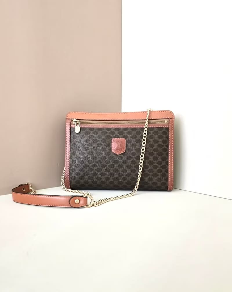 Celine Brown Apricot Old Flower Leather Crossbody Bag/Side Bag