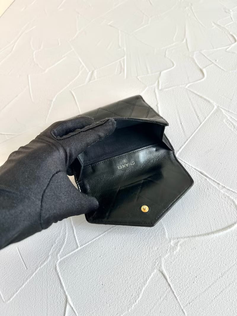 中古二手Chanel雙面小羊皮革黑色短夾小銀包零錢手袋