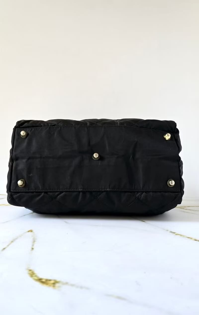 Prada黑金格紋波士頓包 旅行包 手提包