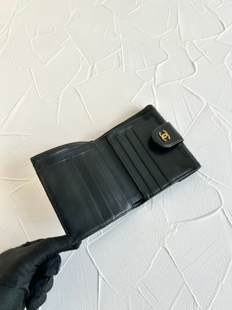中古二手Chanel雙面小羊皮革黑色短夾小銀包零錢手袋