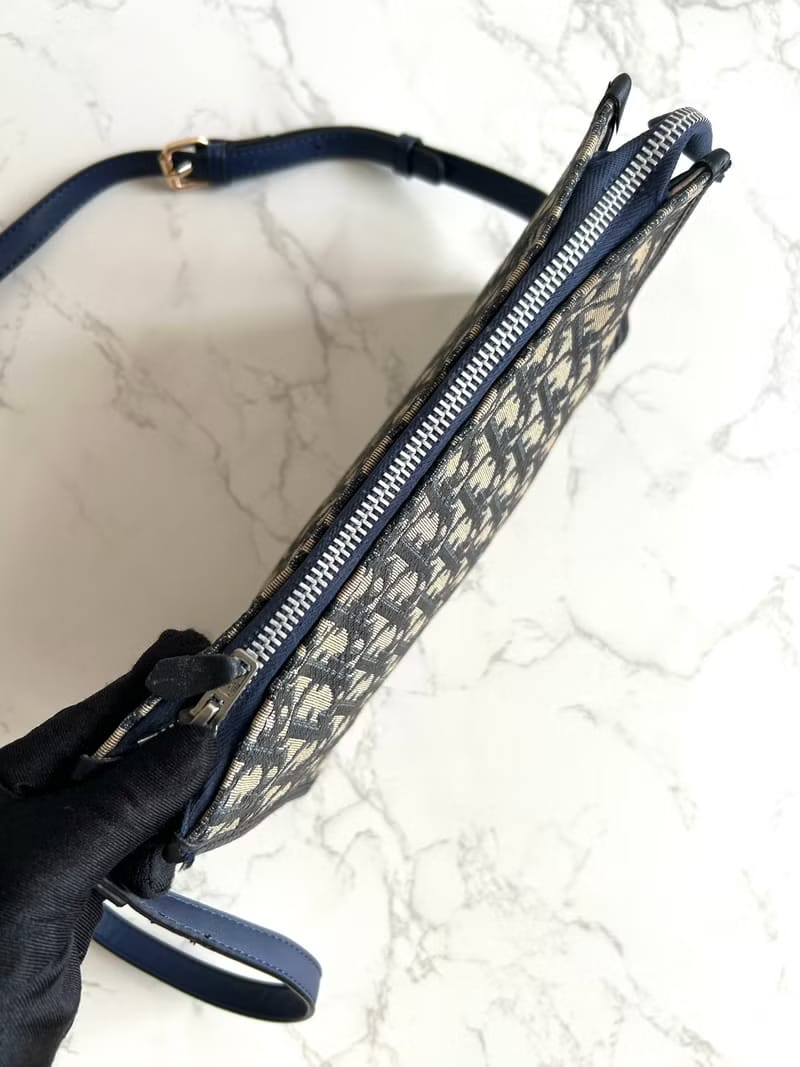 Dior藍黑色老花皮革Two-way Bag/側背包/斜背包