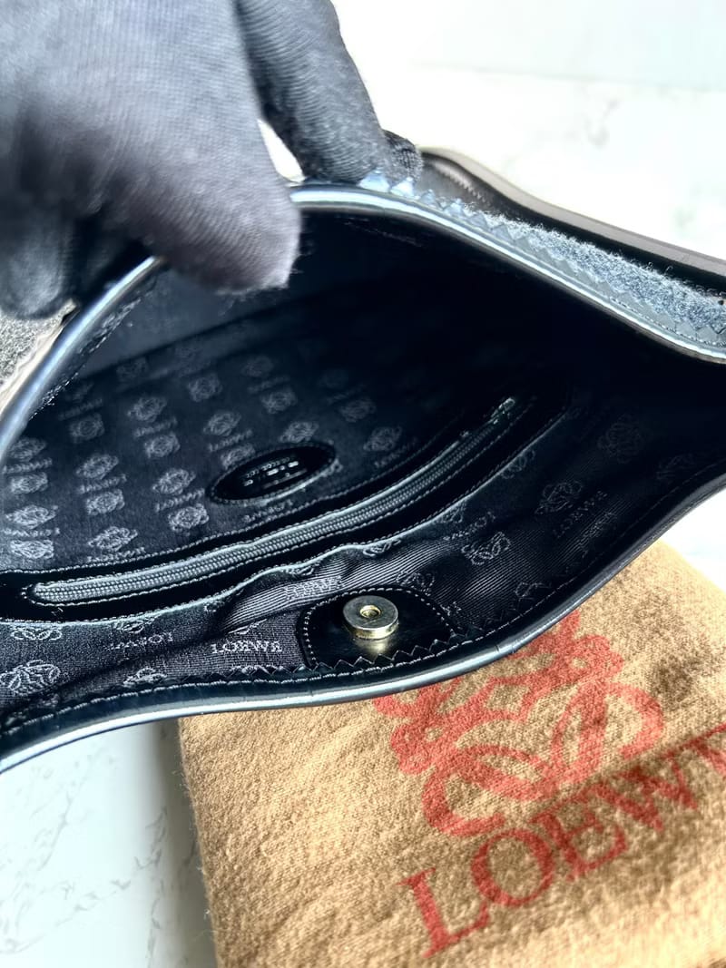 Rare Loewe Black and Grey Wool and Leather Anagram Embroidered Hobo/Shoulder Bag