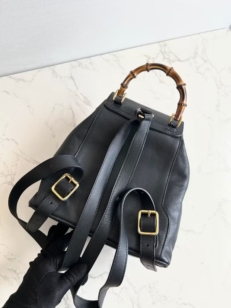 Gucci中古竹節黑色皮革後背包/背囊/雙肩包