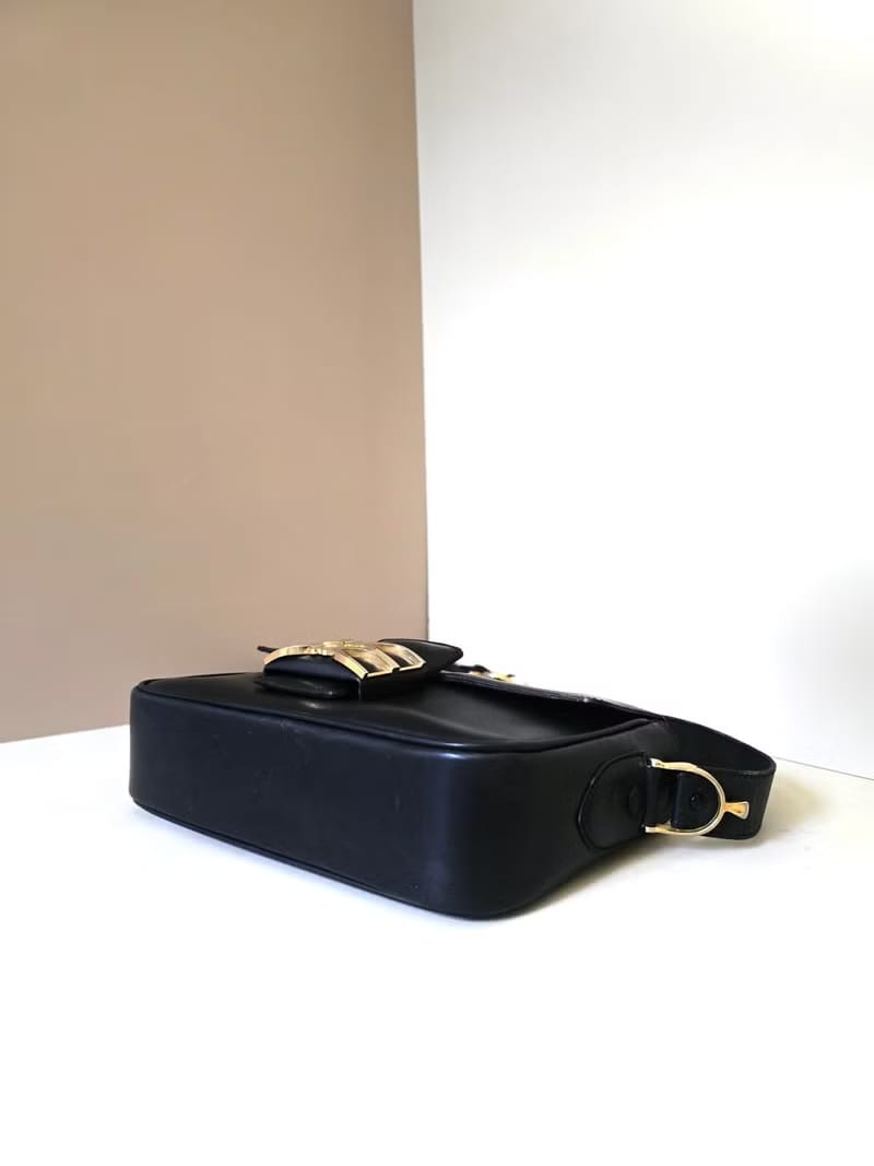 稀有中古二手Celine雙凱旋門馬蹄扣黑色皮革側背包