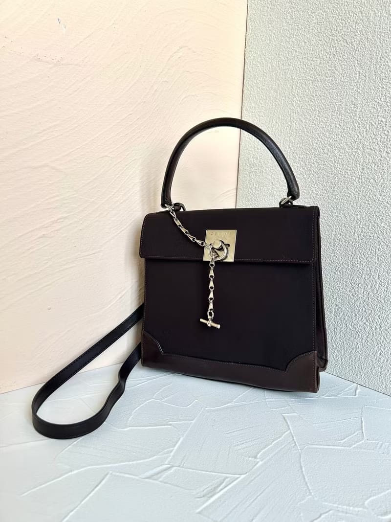 稀有中古二手Celine咖啡色銀吊鏈小凱莉皮革斜背包/側背包/單肩包/手提包