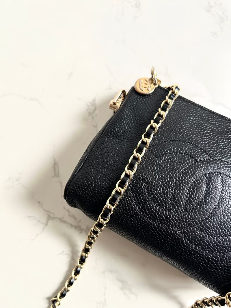 稀有中古二手Chanel黑色魚子醬皮革手袋側背包/斜背包/單肩包