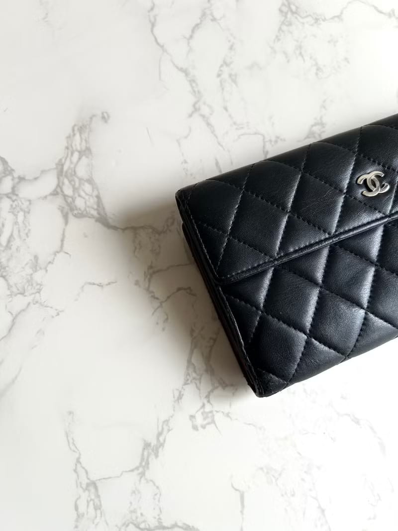 Chanel Black and Silver Lambskin Matelassé Long Wallet