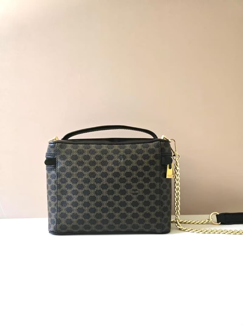 稀有款中古二手Celine黑色老花皮革化妝盒子包/側背包/斜揹包