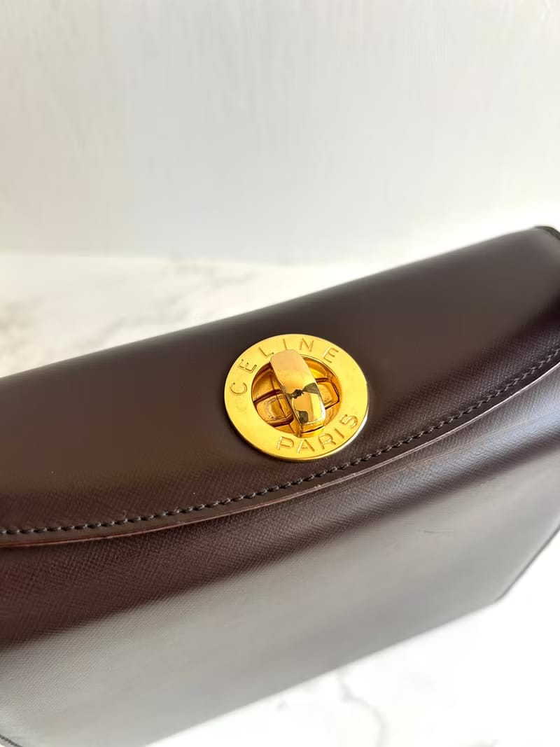 Celine咖啡色旋轉扣盒子包/斜背包/單肩包/側背包