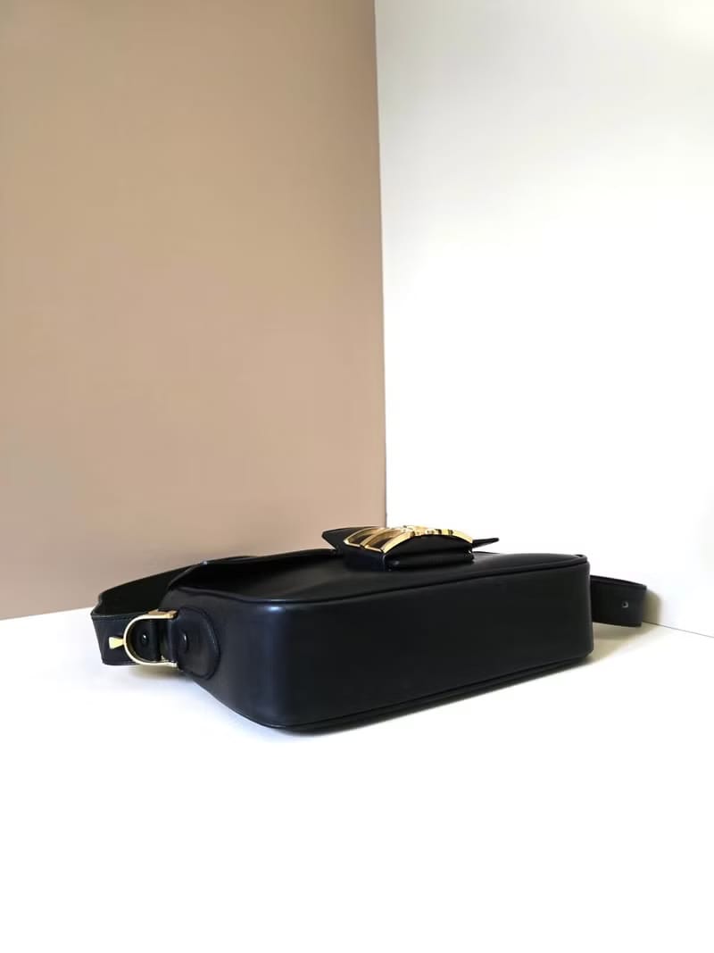 稀有中古二手Celine雙凱旋門馬蹄扣黑色皮革側背包