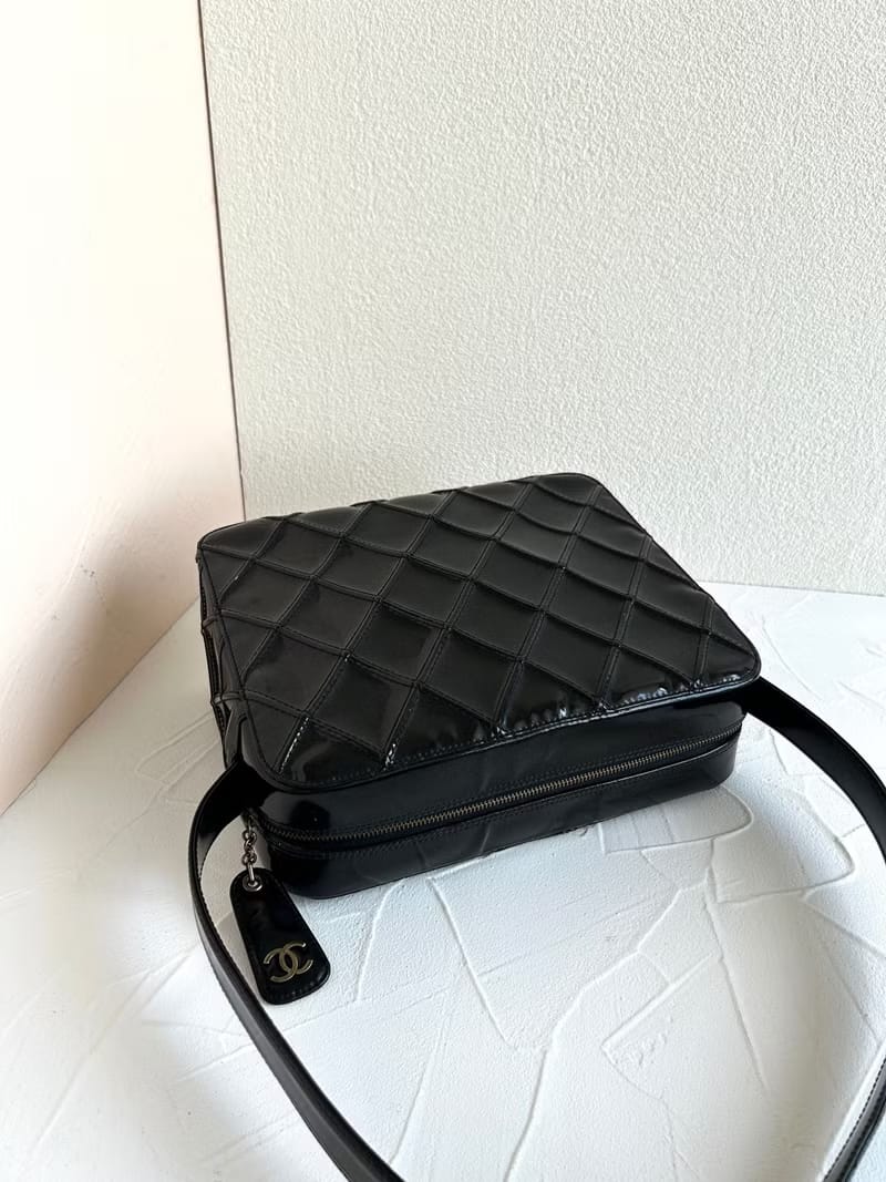 稀有中古二手Chanel黑色金標漆皮皮革小盒子腋下包/單肩包/側背包