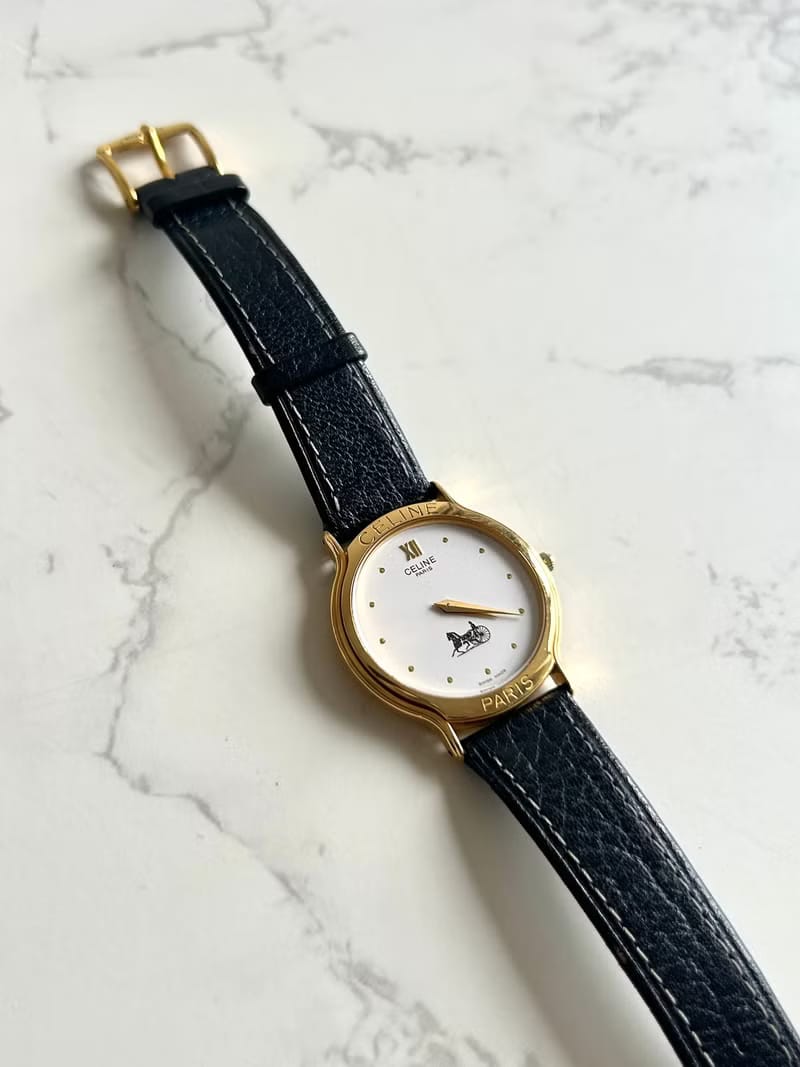 Celine黑金凱旋門皮革帶二手男女裝手錶/腕錶