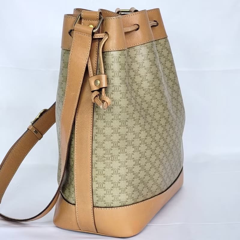 Celine米駝色老花中古水桶包/單肩包/斜背包