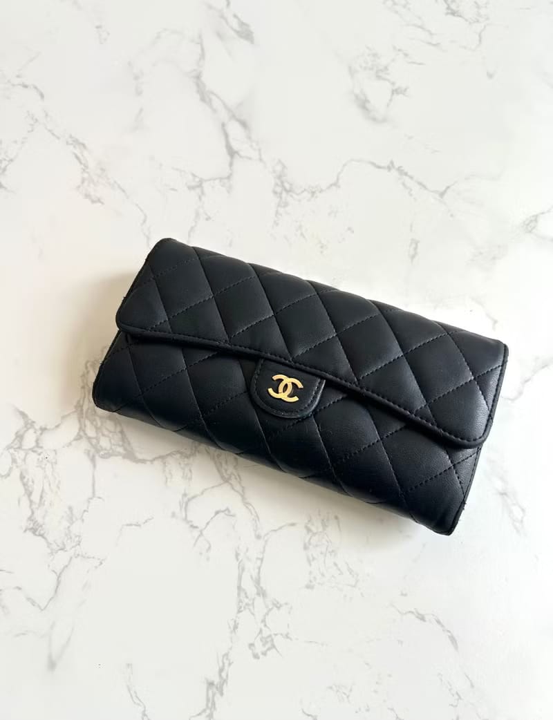 FULL SET💎Chanel Black and Gold Matelasse WOC Leather Shoulder Bag/Crossbody Bag/Wallet