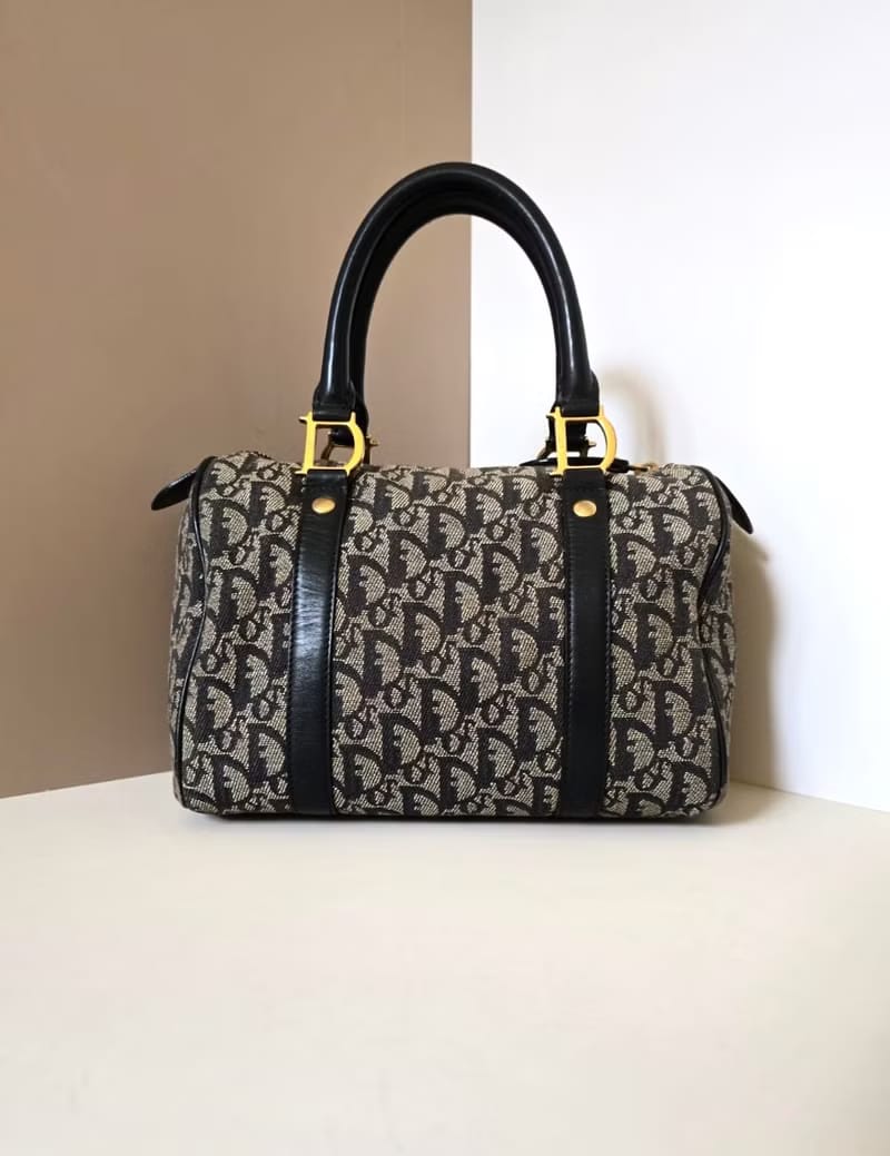Dior黑藍色Trotter老花金扣小號波士頓/手提包