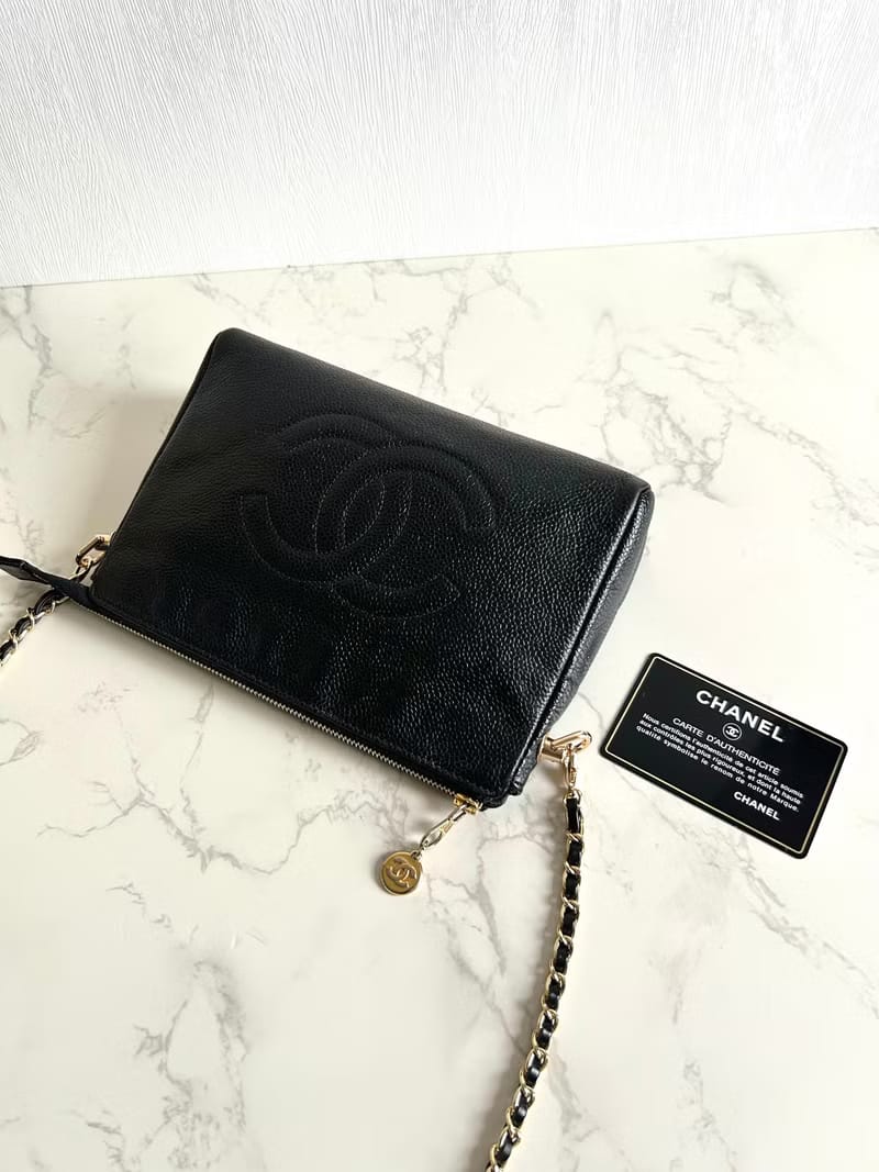 稀有中古二手Chanel黑色魚子醬皮革手袋側背包/斜背包/單肩包