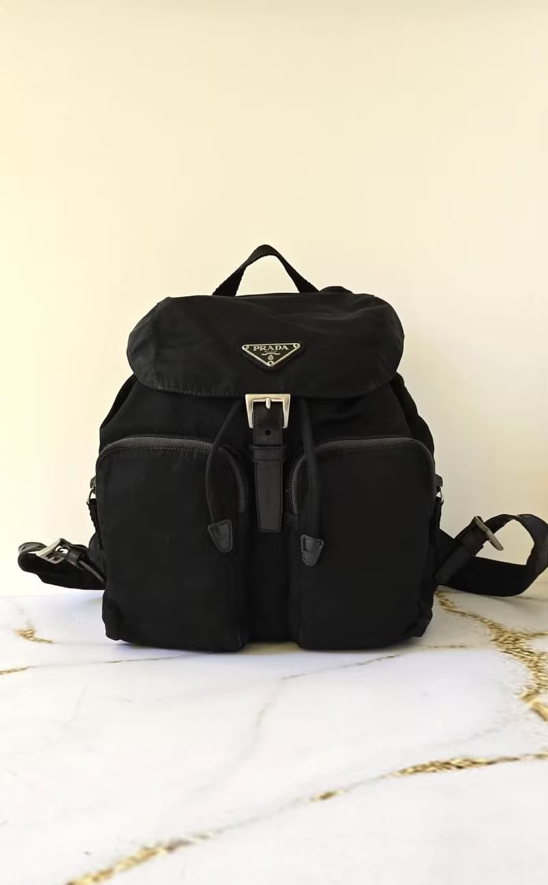 Prada黑色銀三角尼龍拼皮雙肩包/後背包/背囊