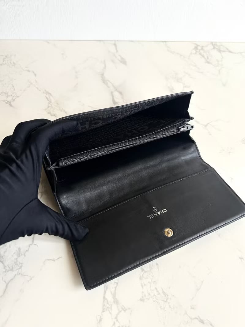 Chanel Black and Gold Ice Cube Caviar Leather Long Wallet