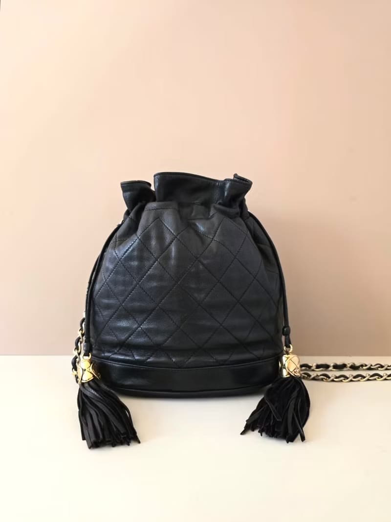 Chanel Vintage Black and Gold Lambskin Matelassé Mini Bucket Bag/Shoulder Bag/Crossbody Bag