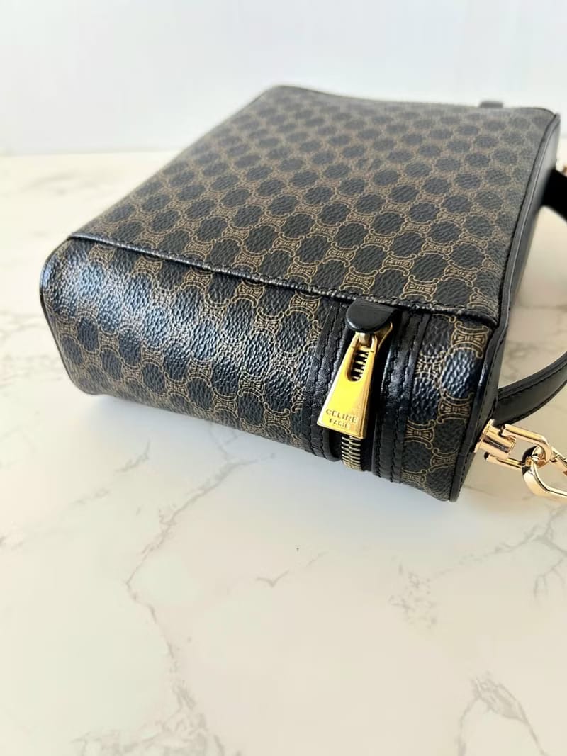 稀有款中古二手Celine黑色老花盒子側背包 斜背包 皮革包 單肩包