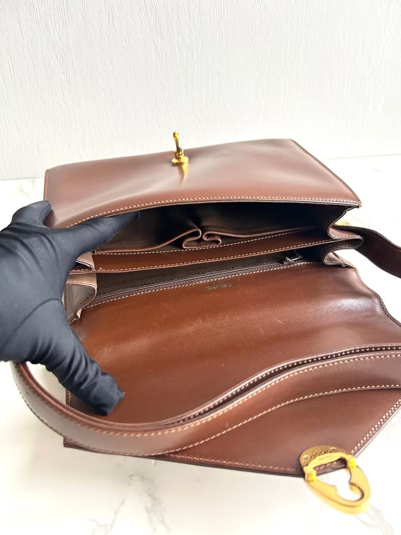 Celine咖啡色水滴金環斜背包/單肩包/側背包