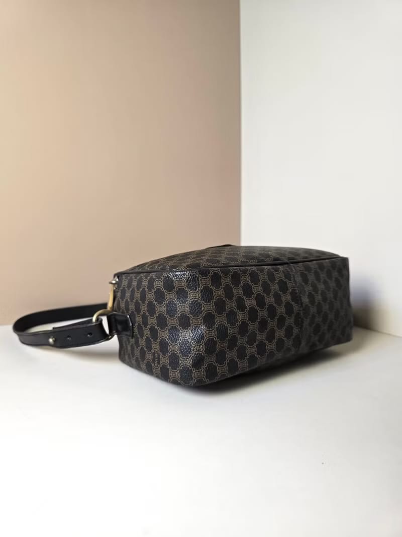 稀有中古二手Celine黑色老花皮革相機包/側背包/斜背包