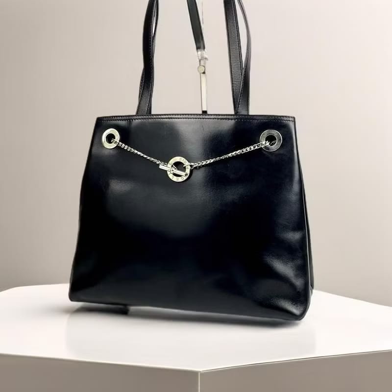 稀有中古二手Celine黑色銀吊鏈皮革托特包/側背包