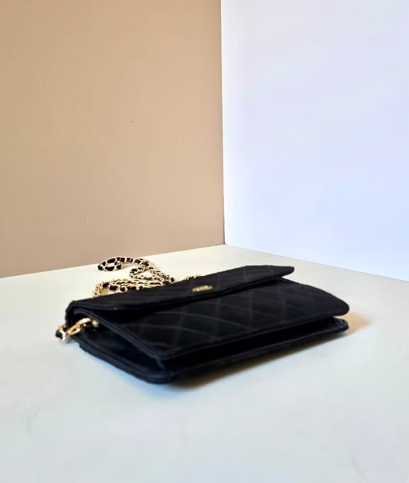 Chanel Silk Quilted Sequin Black and Gold Box Bag Crossbody Bag Shoulder Bag