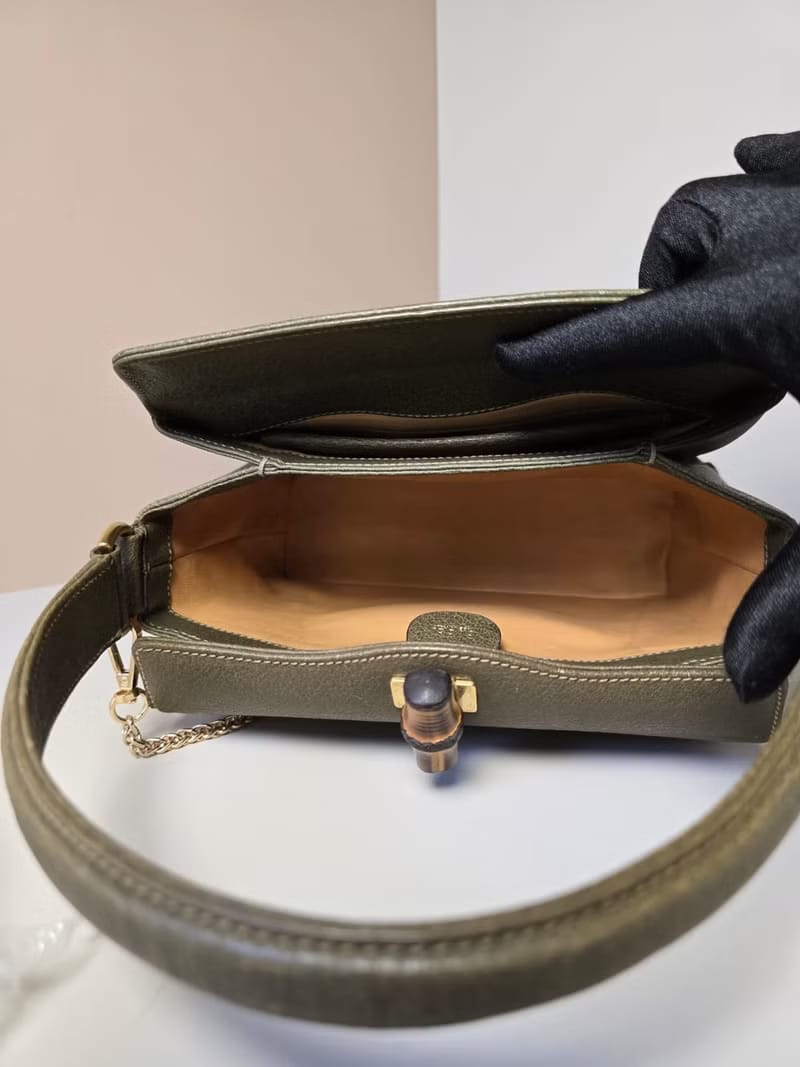 稀有中古二手GUCCI橄欖綠竹節皮革小盒子側背包/斜背包