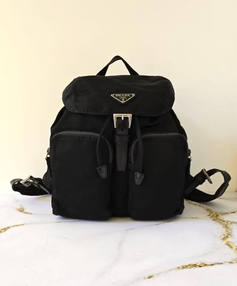 Prada Black Saffiano Trim Nylon Triangle Backpack