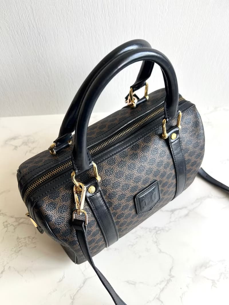 Celine Rare Black Triomphe Canvas Small Boston Bag / Shoulder Bag / Crossbody Bag