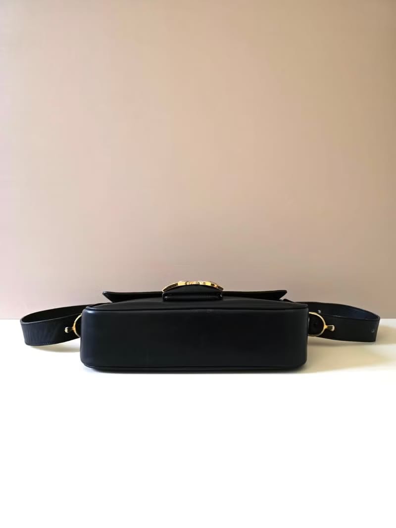 稀有中古二手Celine雙凱旋門馬蹄扣黑色皮革側背包