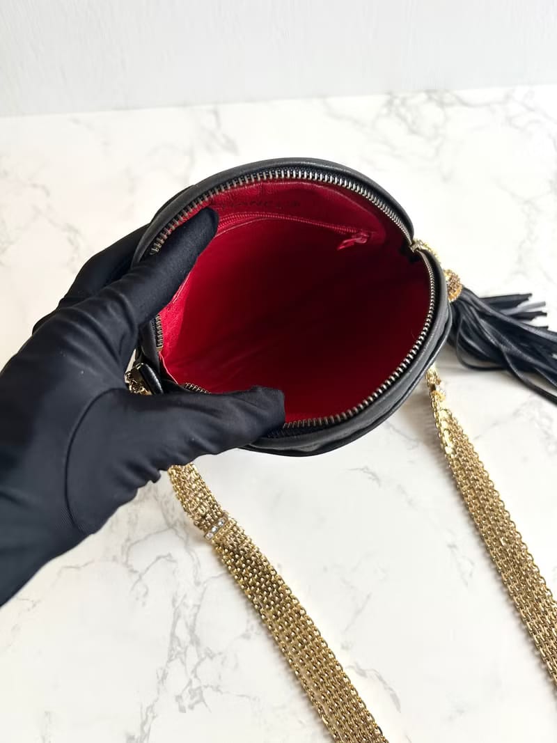 Extremely Rare Chanel Black and Gold Silk Round Bag/Crossbody Bag/Shoulder Bag