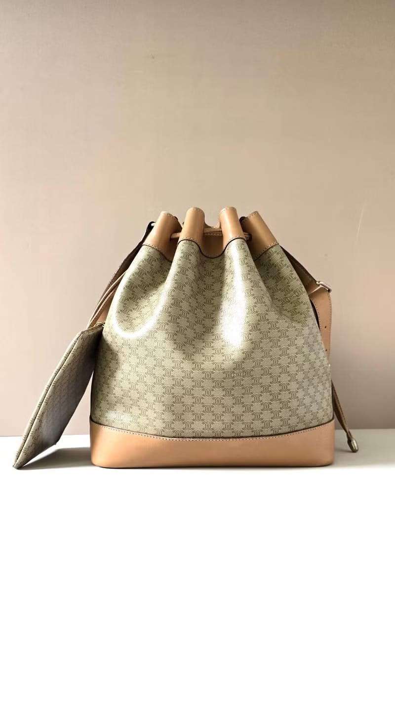 Celine米駝色老花中古水桶包/單肩包/斜背包