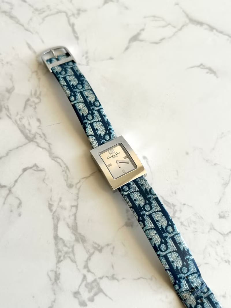 Discontinued Rarity: Dior Blue and White Monogram Small Square Watch - Vintage Ladies Wristwatch - Pre-owned Watch