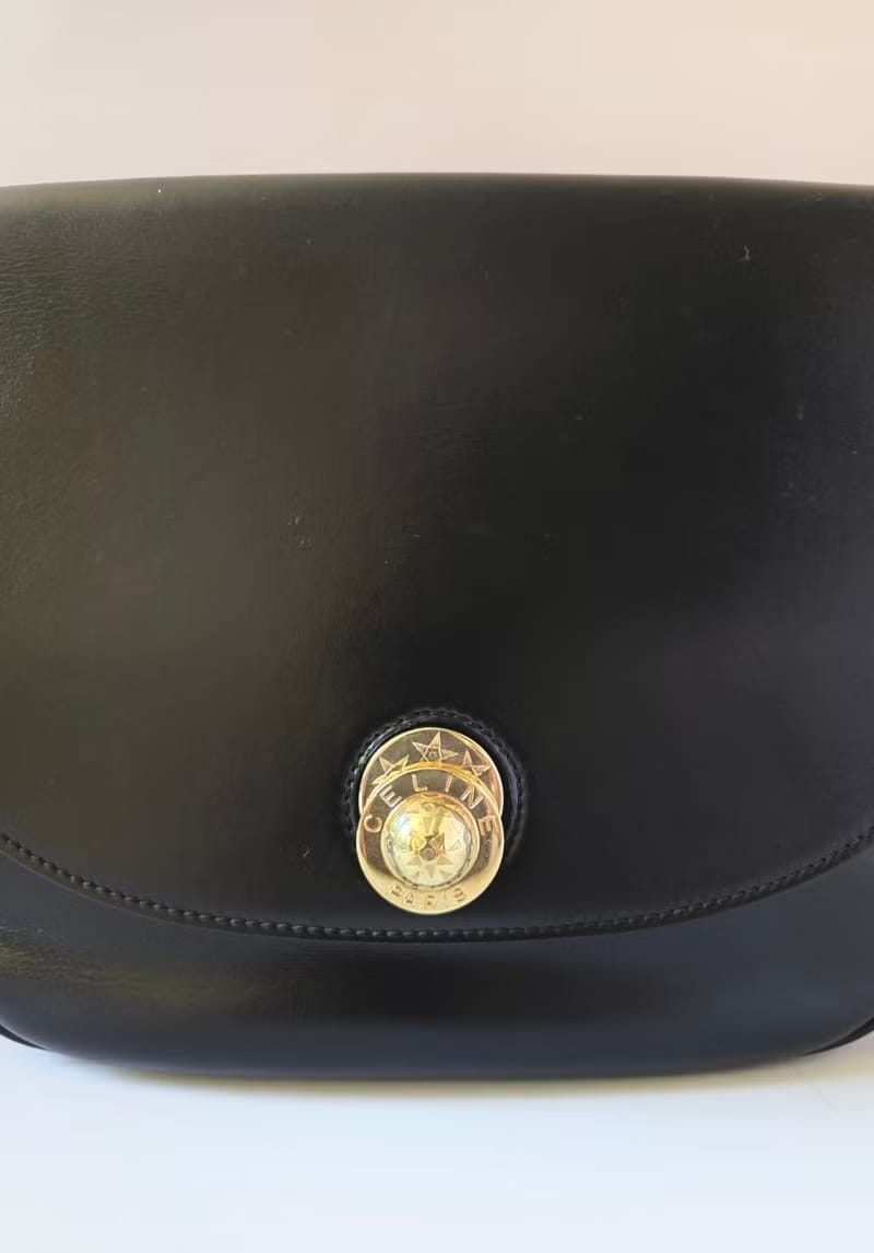 Rare Celine Black and Gold Swivel Planet Tofu Bag / Shoulder Bag / Crossbody Bag
