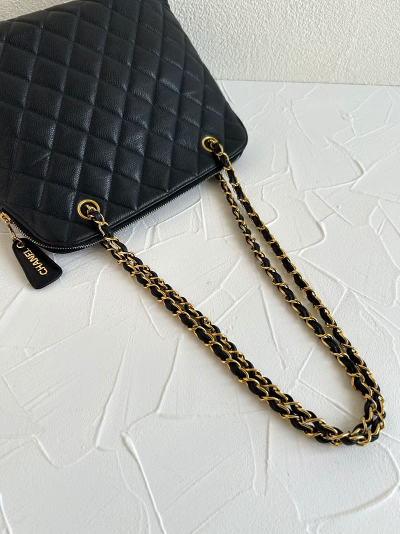 稀有中古二手Chanel黑色貝殼魚子醬皮革金色鏈條托特包/單肩包/側背包