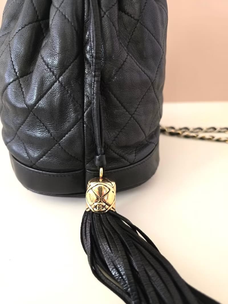 Chanel Vintage Black and Gold Lambskin Matelassé Mini Bucket Bag/Shoulder Bag/Crossbody Bag