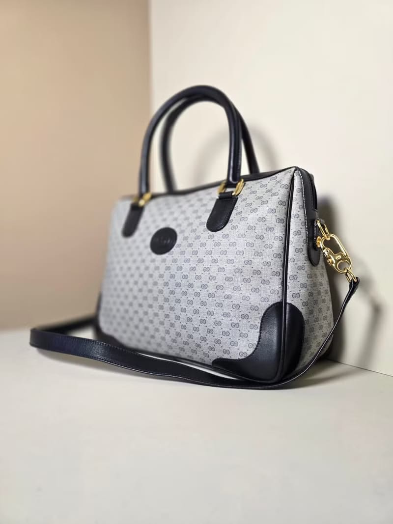 中古二手Gucci復古藍色老花波士頓斜背包/單肩包/側背包