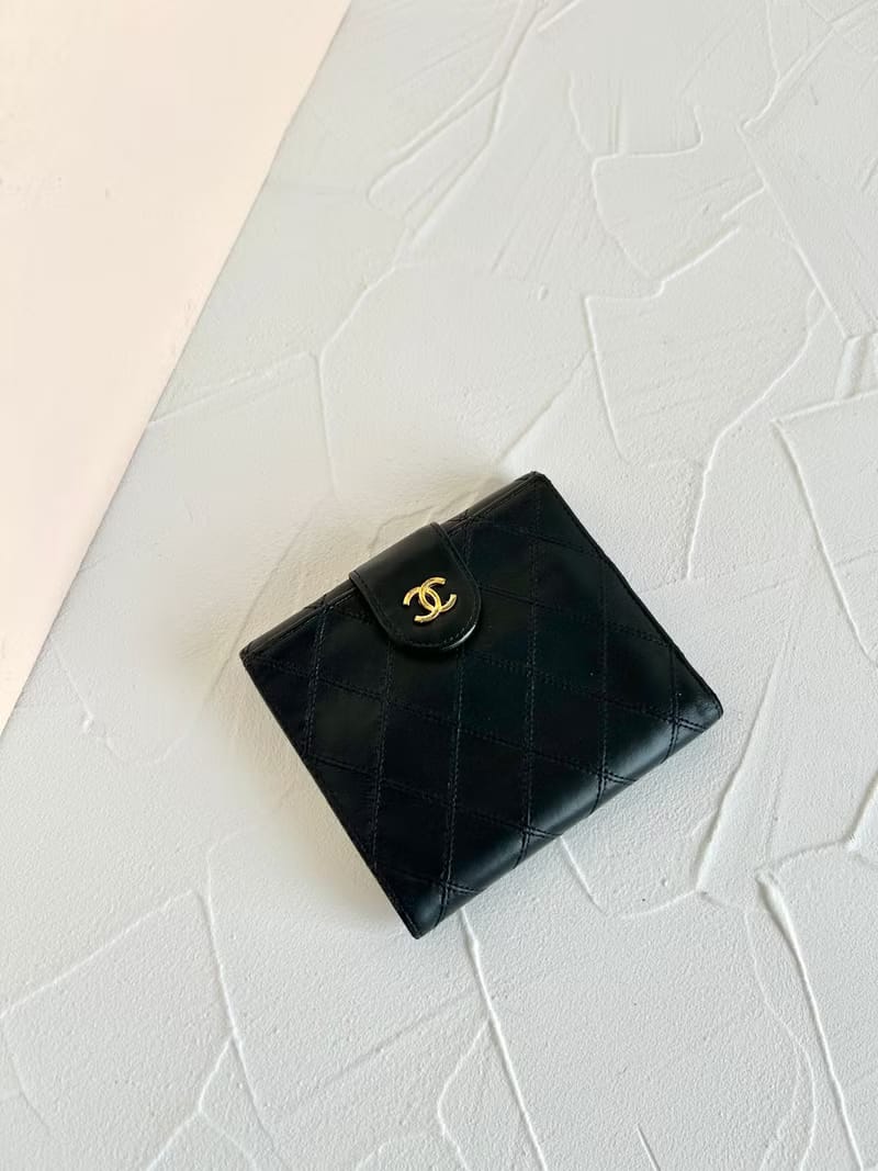 中古二手Chanel雙面小羊皮革黑色短夾小銀包零錢手袋