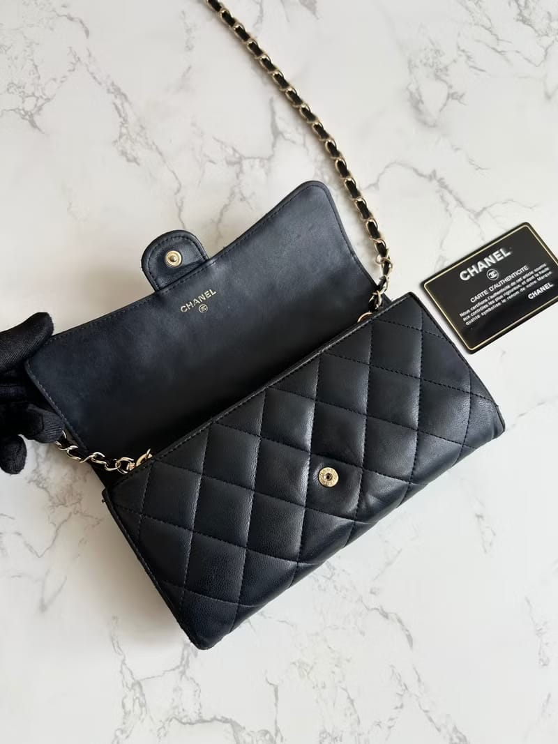 FULL SET💎Chanel Black and Gold Matelasse WOC Leather Shoulder Bag/Crossbody Bag/Wallet