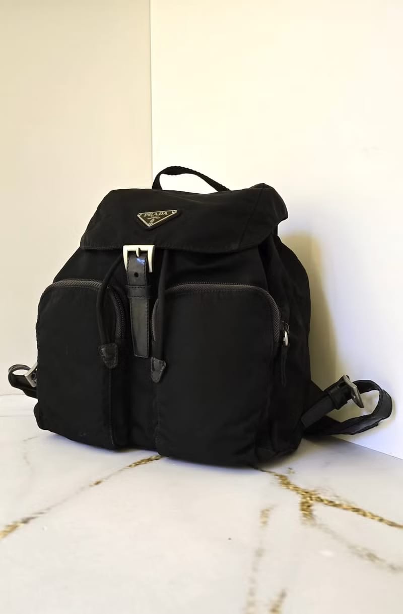 Prada黑色銀三角尼龍拼皮雙肩包/後背包/背囊
