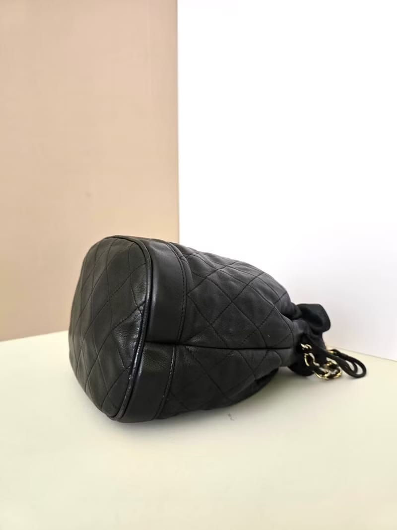 Chanel Vintage Black and Gold Lambskin Matelassé Mini Bucket Bag/Shoulder Bag/Crossbody Bag