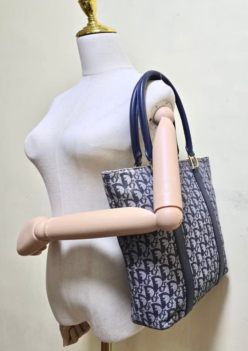 Dior藍灰色老花托特包/單肩包/側背包