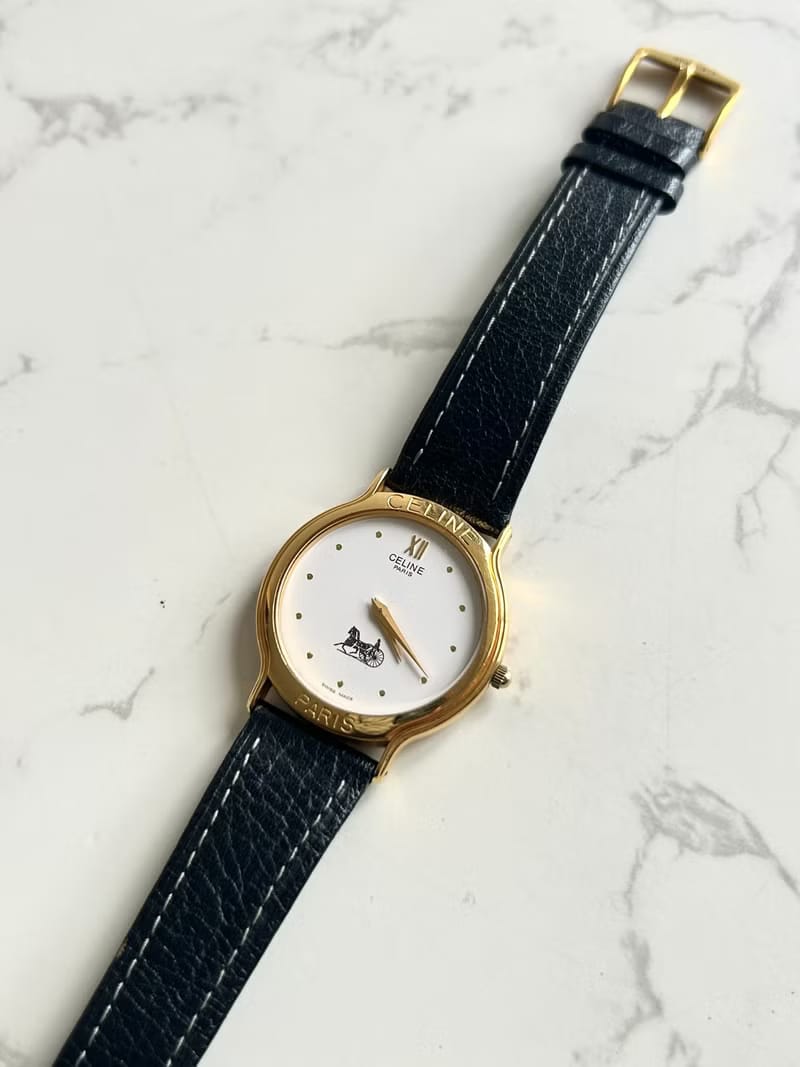 Celine黑金凱旋門皮革帶二手男女裝手錶/腕錶