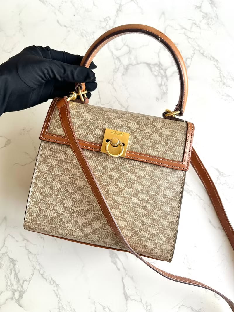 Celine米咖色老花小號凱莉斜背包/單肩包/側背包
